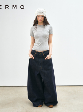 VERMO 明线勾勒复古经典 脚口叠褶宽松香蕉廓形真皮袢牛仔裤