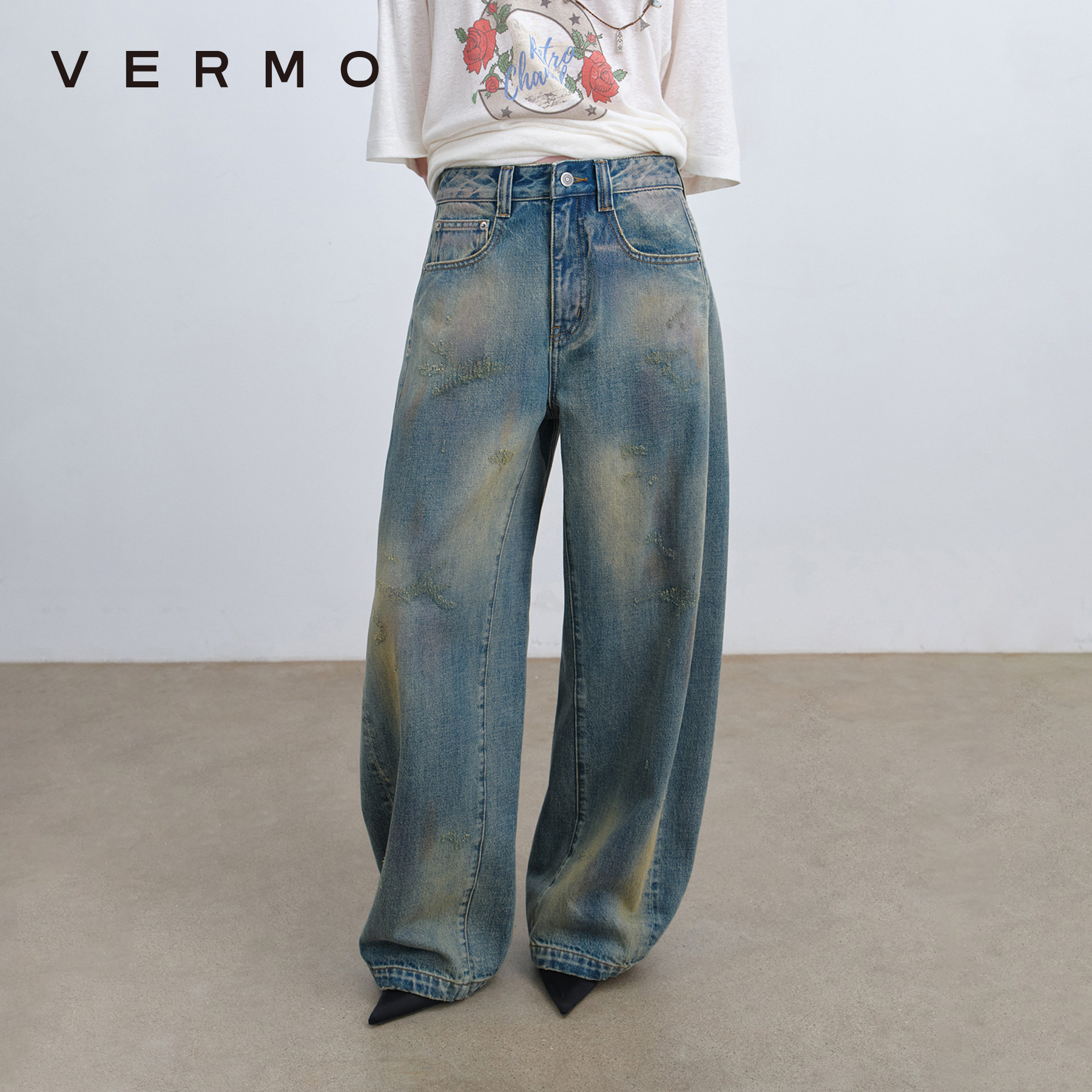 VERMO 流动的做旧晕染色彩 复古水洗帐篷形慵懒宽松牛仔裤