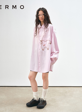 VERMO 美丽夕岚粉 舒适水洗纸感棉 立体串珠手工刺绣信鸽宽松衬衫