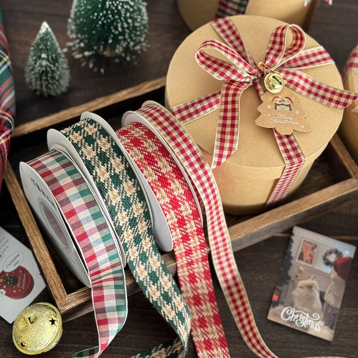 圣诞节格子丝带礼盒包装饰彩带手工DIY蝴蝶结红绿色织带缎带绸带