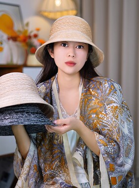 沐沐帽子时尚编织透气亚麻防晒太阳帽四季可戴大帽檐百搭渔夫帽