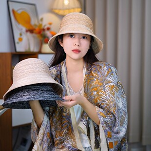 沐沐帽子时尚 可戴大帽檐百搭渔夫帽 编织透气亚麻防晒太阳帽四季