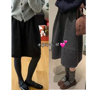 韩系气质花苞半身裙女秋冬新款高腰显瘦百搭加厚毛呢蓬蓬A字短裙