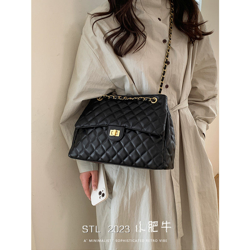 小香风菱格链条包包女2026新款大容量单肩包时尚百搭黑色邮差包
