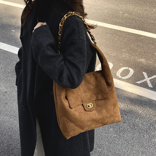 轻奢复古小香风菱格链条托特包包女大容量单肩手提包棕色流浪包潮