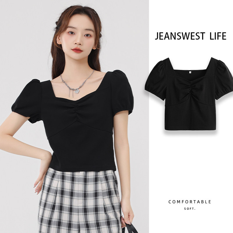 真维斯方领黑色短袖t恤女2023新款夏季法式别致独特短款女上衣服