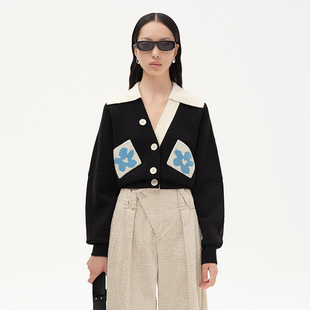 贴袋羊毛开衫 N·MORE设计师品牌 蓝花 撞色翻领 秋冬