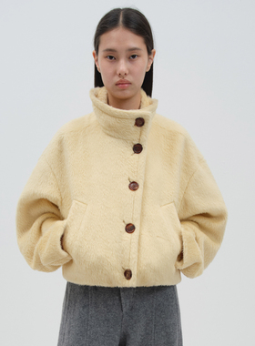 N·MORE设计师品牌 25冬季新款 鹅黄色苏力立领羊毛短大衣