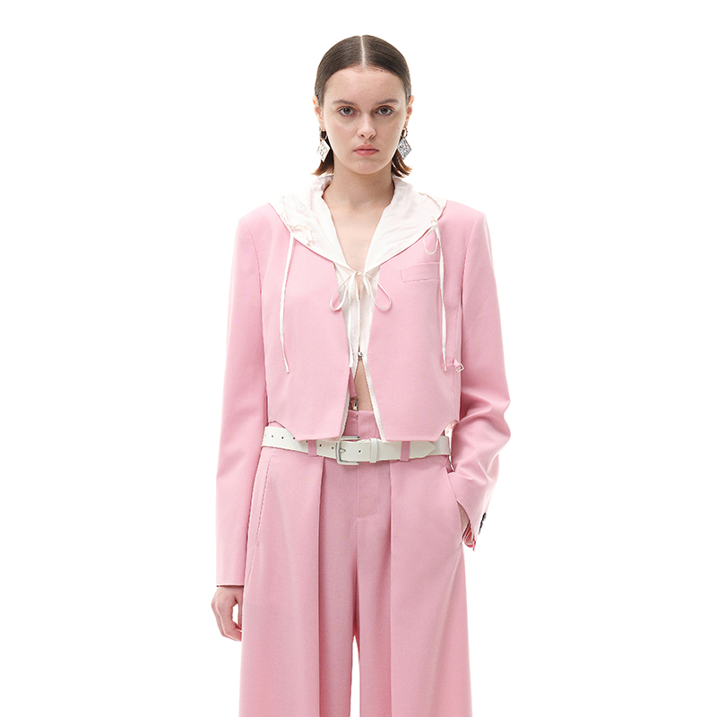 裸晶粉连帽两件套短西装