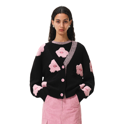 N·MORE设计师品牌 笑开花黑色宽松长袖毛衣针织开衫