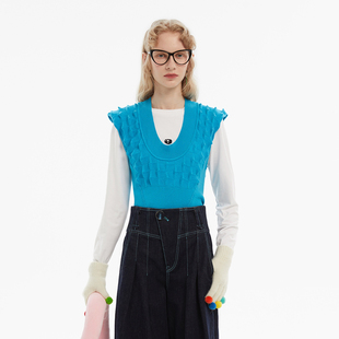 背心 立体菠萝纹U领收腰针织短款 N·MORE设计师品牌 秋冬