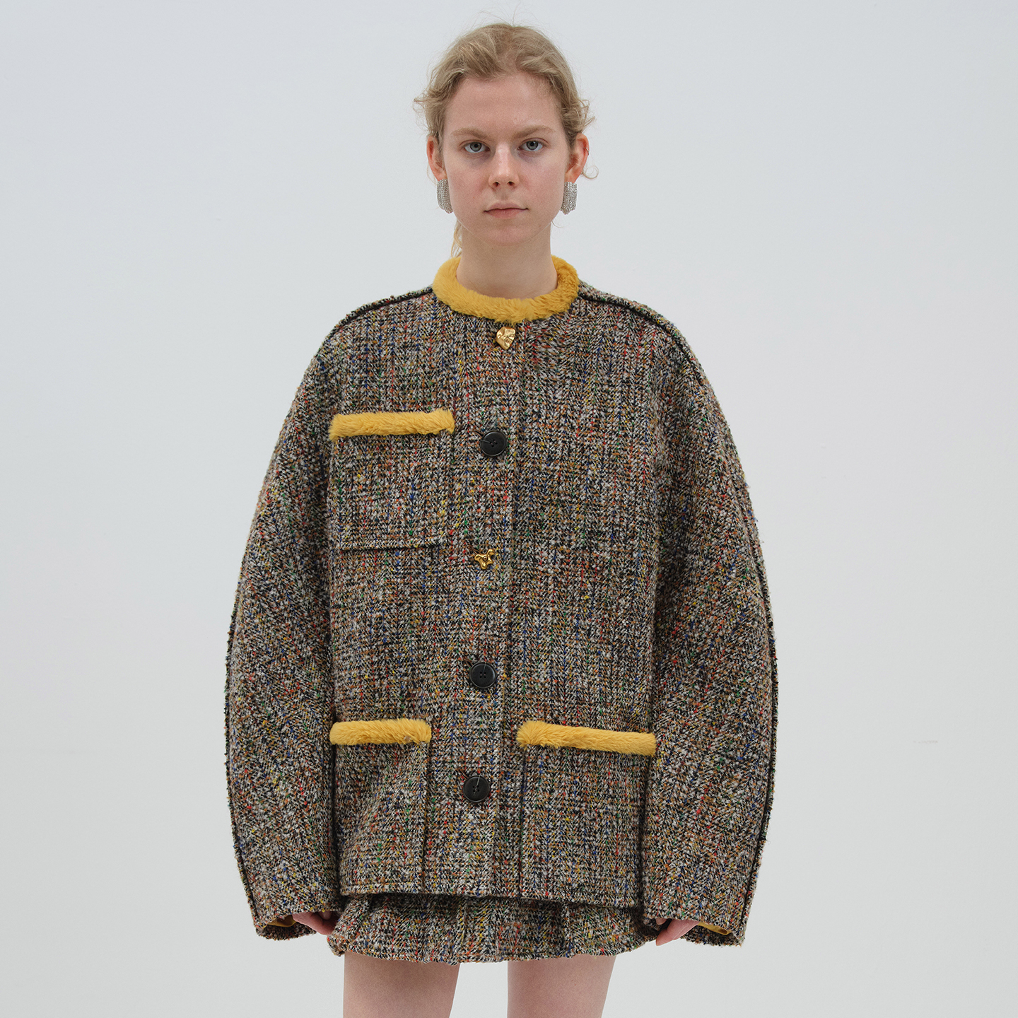 NMORE设计师品牌 25冬季新款 金棕彩纱毛边装饰粗纺羊毛廓形外套