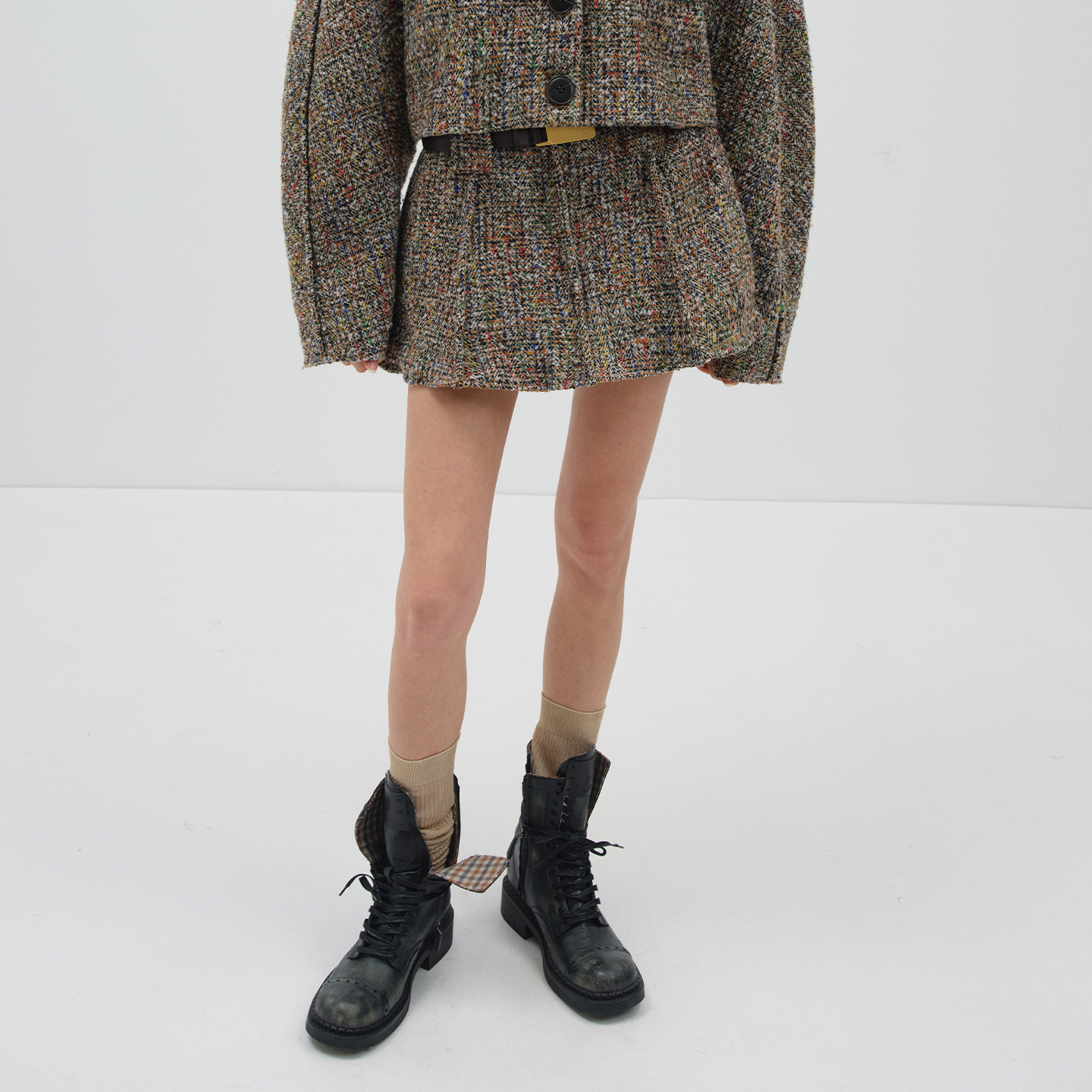 NMORE设计师品牌 25冬季新款 金棕彩纱宽腰带装饰粗纺羊毛短裙