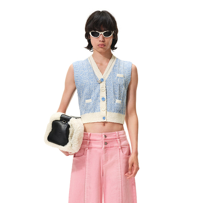 N·MORE设计师品牌 千草蓝撞色mini口袋针织马甲