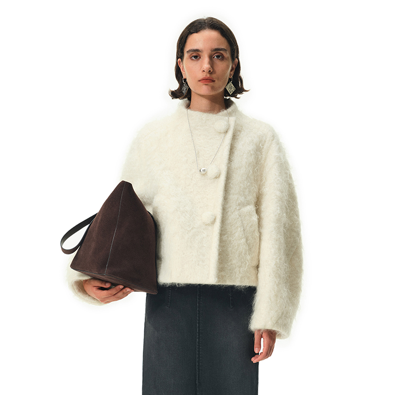 N·MORE设计师品牌  奶油白圈圈短款羊毛马海毛大衣女