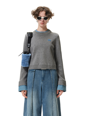 N·MORE设计师品牌 灰色牛仔拼接淡人高知穿搭假两件针织衫毛衣女