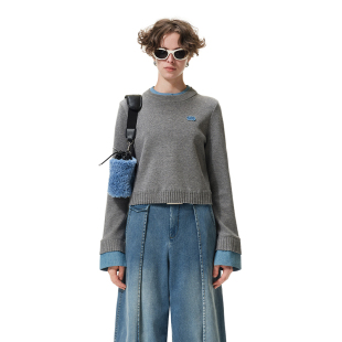 N·MORE设计师品牌 毛衣女 灰色牛仔拼接淡人高知穿搭假两件针织衫