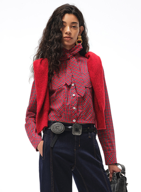 N·MORE设计师品牌 26春季新款 红色格纹装饰领带箱型短衬衫