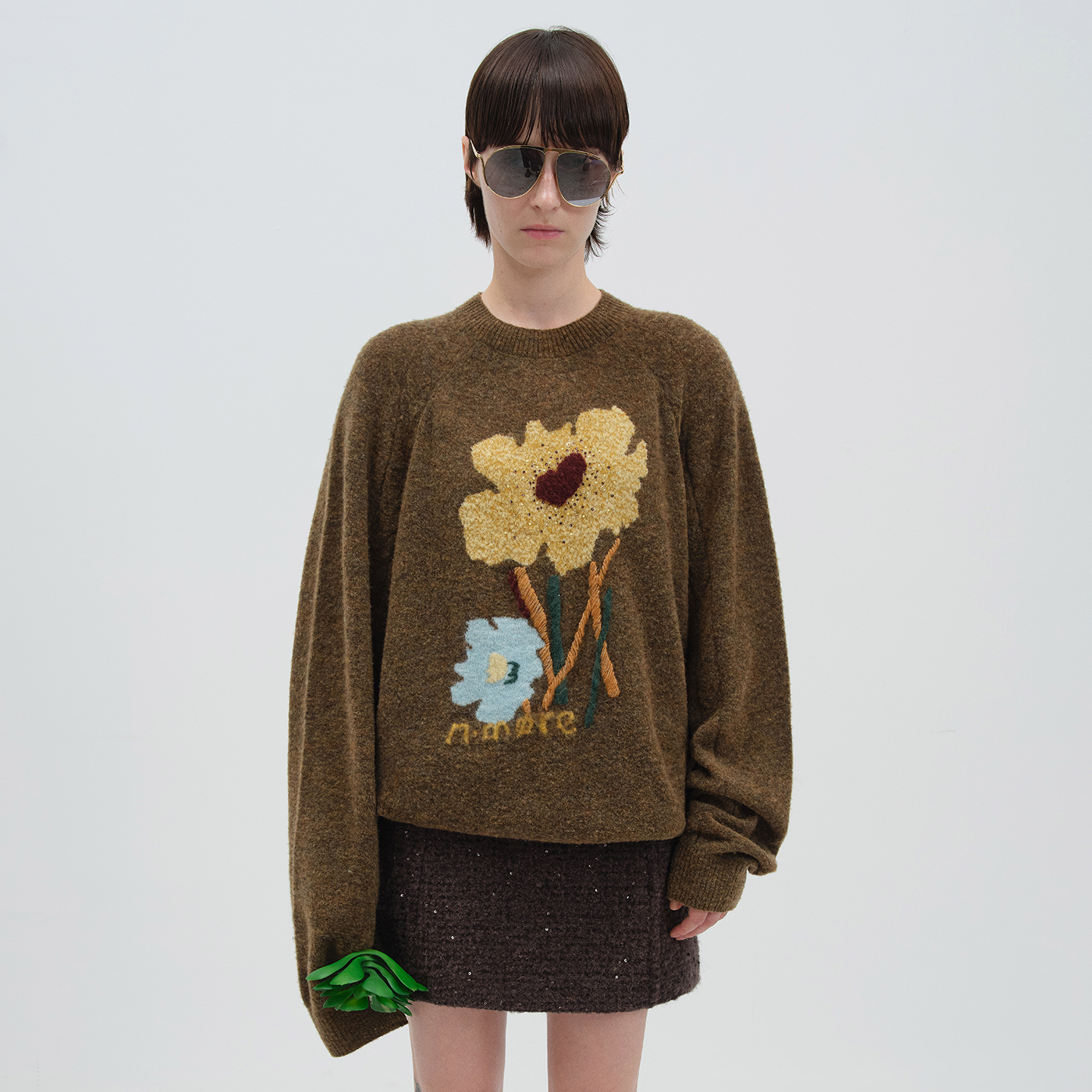 NMORE设计师品牌 博主同款25秋季新款 栗壳褐装饰抽象花卉毛衣