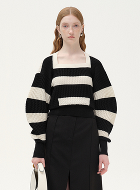 N·MORE设计师品牌 冬季黑白条纹设计感方领软糯松弛感慵懒风毛衣