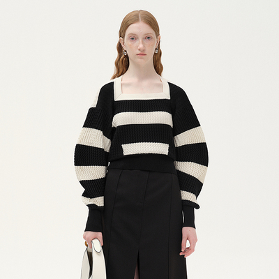 黑白撞色方领鼓波罗纹针织衫