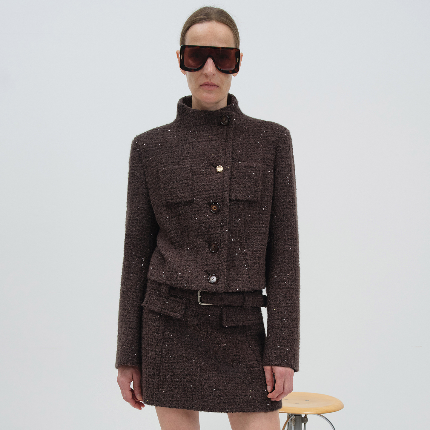 NMORE设计师品牌 25冬季新款 暮酒绛双口袋粗纺亮片羊毛短款外套