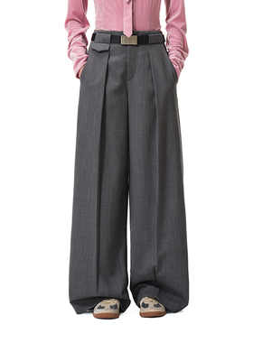 N·MORE设计师品牌  灰色设计感高腰阔腿羊毛西装长裤