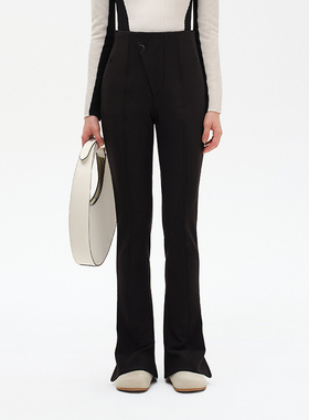 N·MORE设计师品牌 秋冬黑色波浪腰头马蹄裤休闲裤高腰修身微喇裤