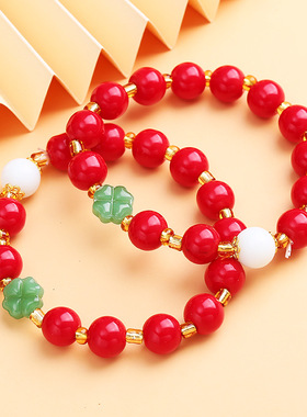 招财大红色国潮四叶草串珠手链