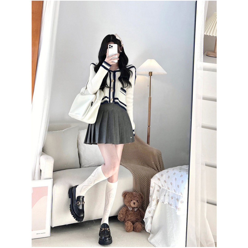 LITTLE FRAGRANCE WHITE KNITTED CARDIGAN WOMENS 2025 AUTUMN DRESS NEW RETRO NAVY STYLE LAPEL WEAR SHORT SWEATER JACKET