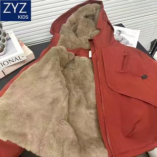 男童新年加绒加厚派克服冬季新款中大儿童连帽拜年服工装保暖外套