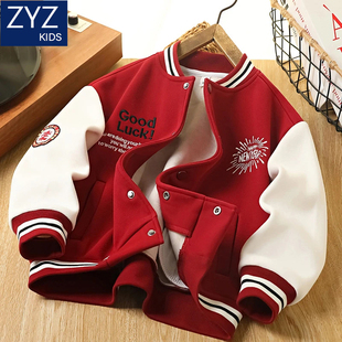 男童冬季加绒棒球服外套中大童儿童新年加厚保暖红色本命年拜年服