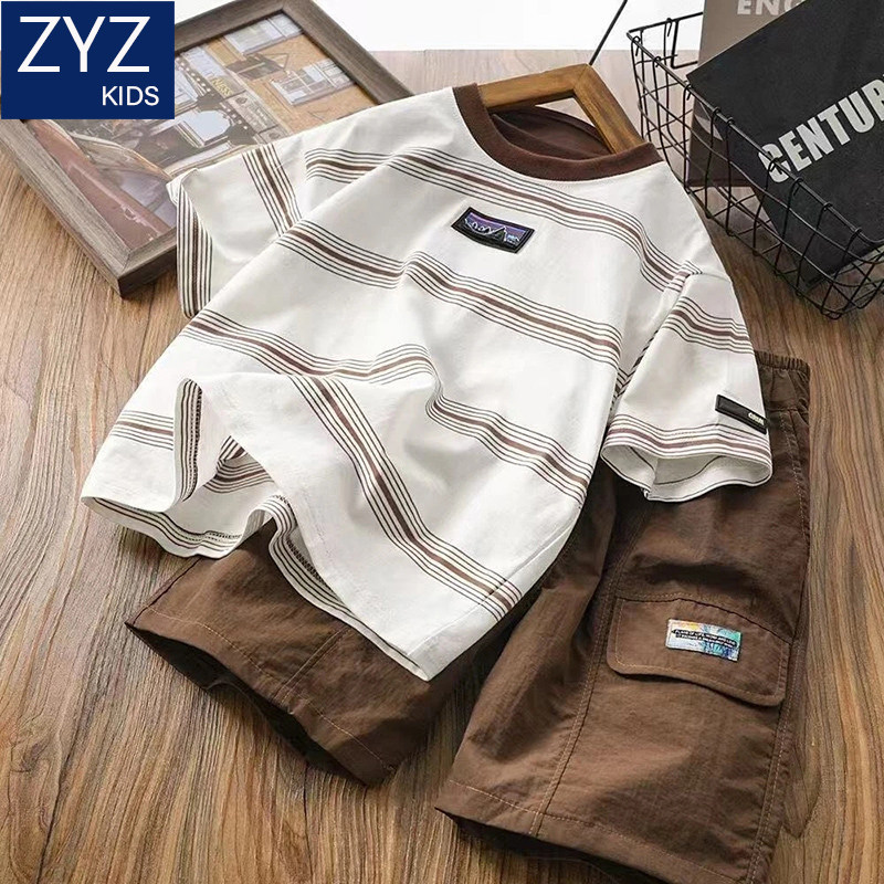 男童夏季短袖套装2026新款中大童儿童洋气条纹男孩酷帅运动两件套