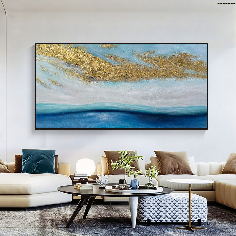 《蓝海》余元手绘油画轻奢现代客厅横幅金箔客厅沙发背景墙装饰画