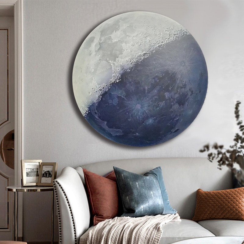 《月食》余元手绘油画圆形画客厅挂画玄关装饰画轻奢餐厅黑白图画