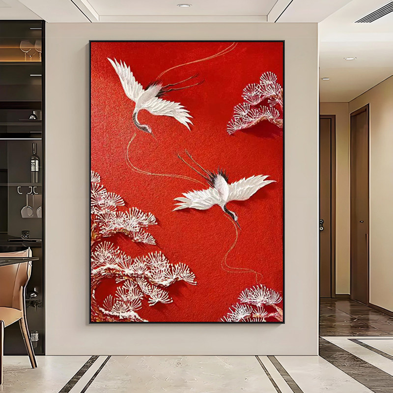 新中式仙鹤手绘油画玄关肌理挂画
