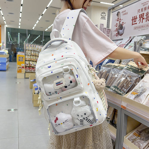 可爱波点透明夹层大容量双肩包