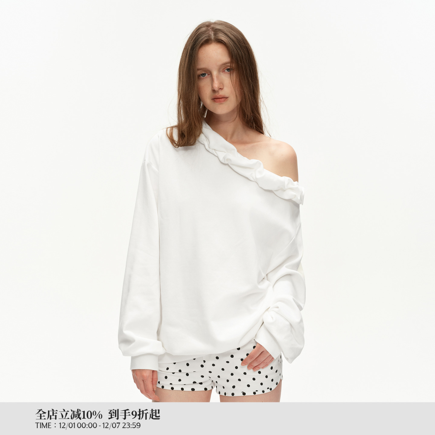 PUKI 原创立体花边斜肩两穿卫衣 慵懒设计感纯棉宽松百搭上衣