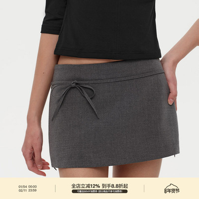 PUKI 「多穿法」复古系带可拆卸蝴蝶结 低腰包臀西装半身mini裙裤