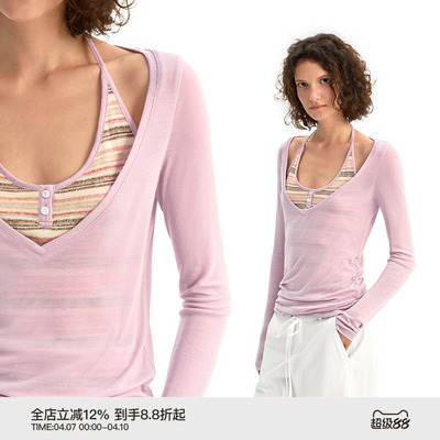 PUKI 原创假两件长袖 柔软显白条纹百搭上衣