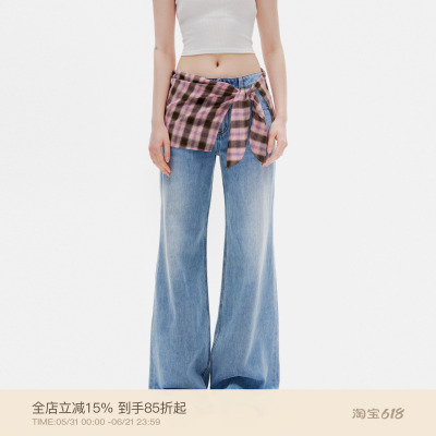 PUKI 叠穿假两件粉色格纹牛仔裤 腰头设计美式复古辣妹拼接阔腿裤