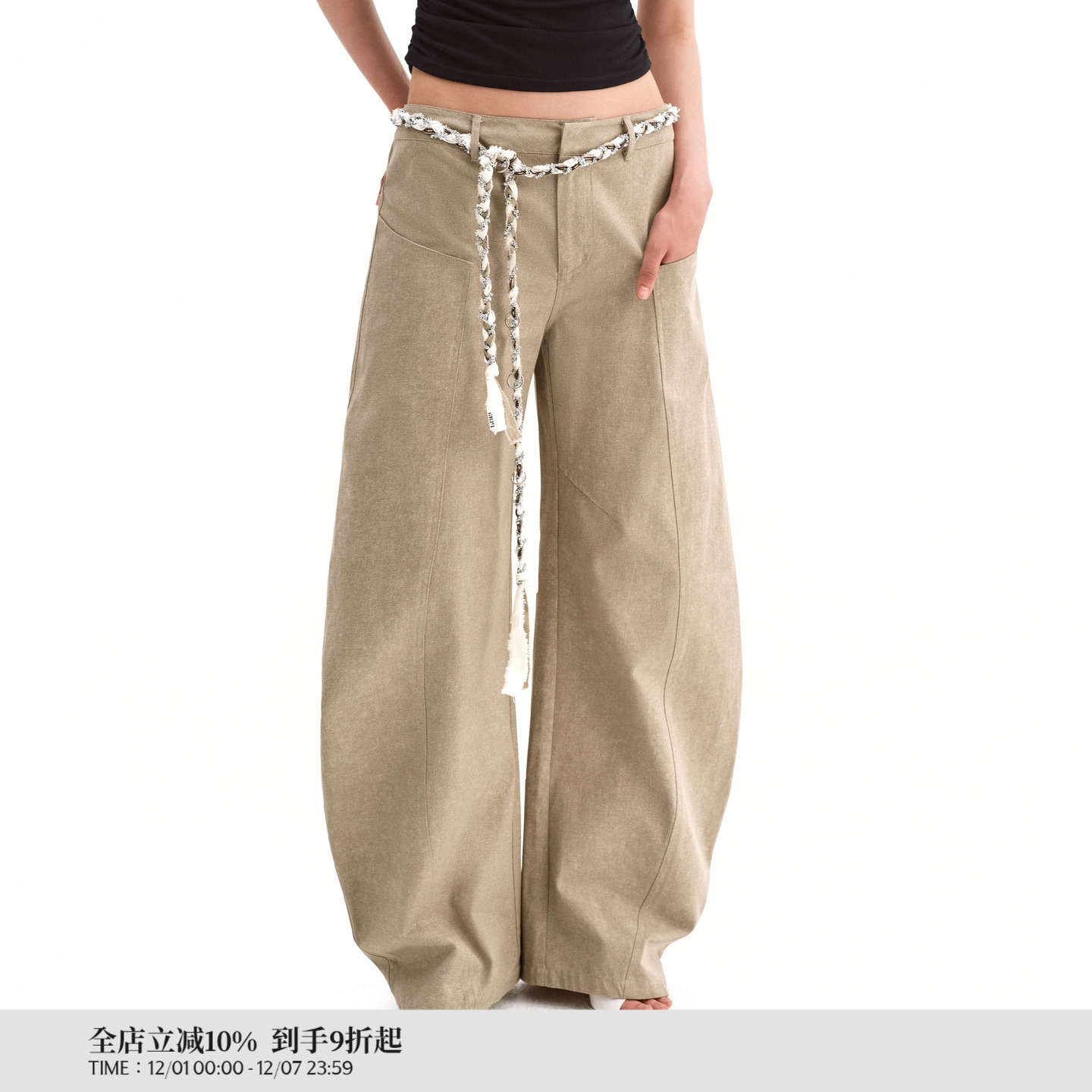 PUKI 原创复古纯棉设计感无腰头弯刀裤 休闲洗水工装裤*带腰带