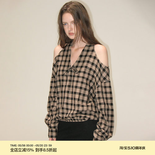 PUKI 天丝亚麻 原创挂脖露肩格纹长袖 复古设计感V领松弛上衣