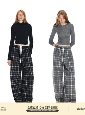 PUKI 50%羊毛 原创复古廓形 两穿格纹撞色翻腰头慵懒感抽绳阔腿裤