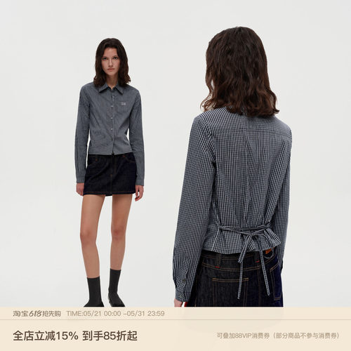PUKI 两穿版型 复古知识分子叠穿简约格纹 绑带修身显瘦衬衫上衣