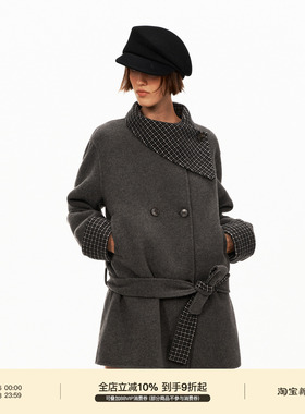 PUKI 45%绵羊毛 围巾领羊毛双面呢大衣 复古秋冬系带保暖毛呢外套