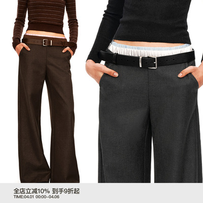 PUKI 复古多腰头撞色西裤 斜纹直筒休闲长裤