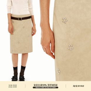 PUKI 花朵麂皮钉珠皮裙 经典H型中低腰开衩半身裙