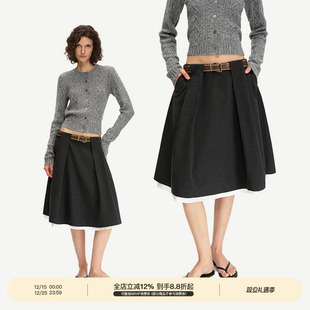 PUKI 复古高智撞色A摆百搭伞裙长裙 特殊腰头设计