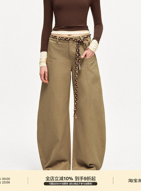 PUKI 原创复古设计感无腰头休闲洗水工装弯刀裤*带腰带